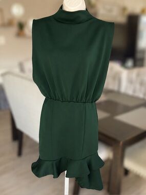 PrettyLittleThing Dark Green Sleeveless Ruffle-Hem Mini Dress